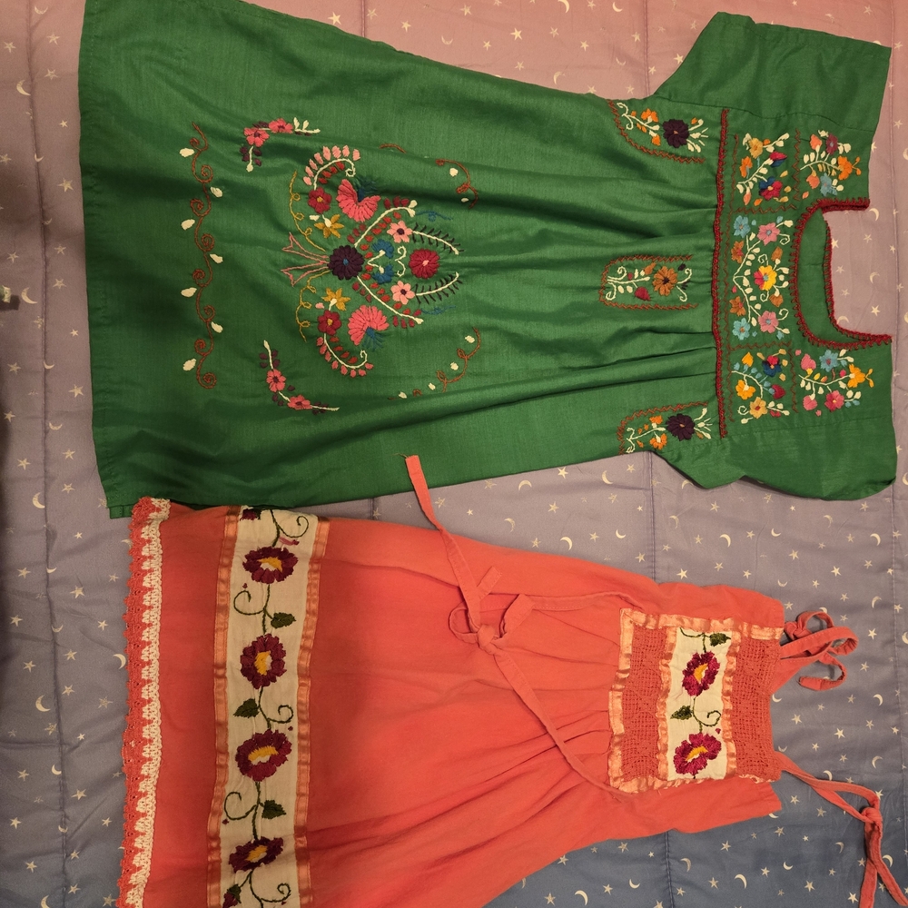 Green and Coral Embroidered Dresses